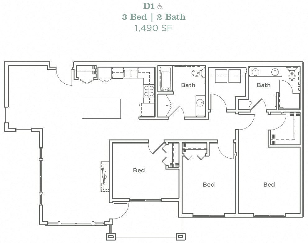 Floor plan for 3 beds, 2 baths, 1490 sqft